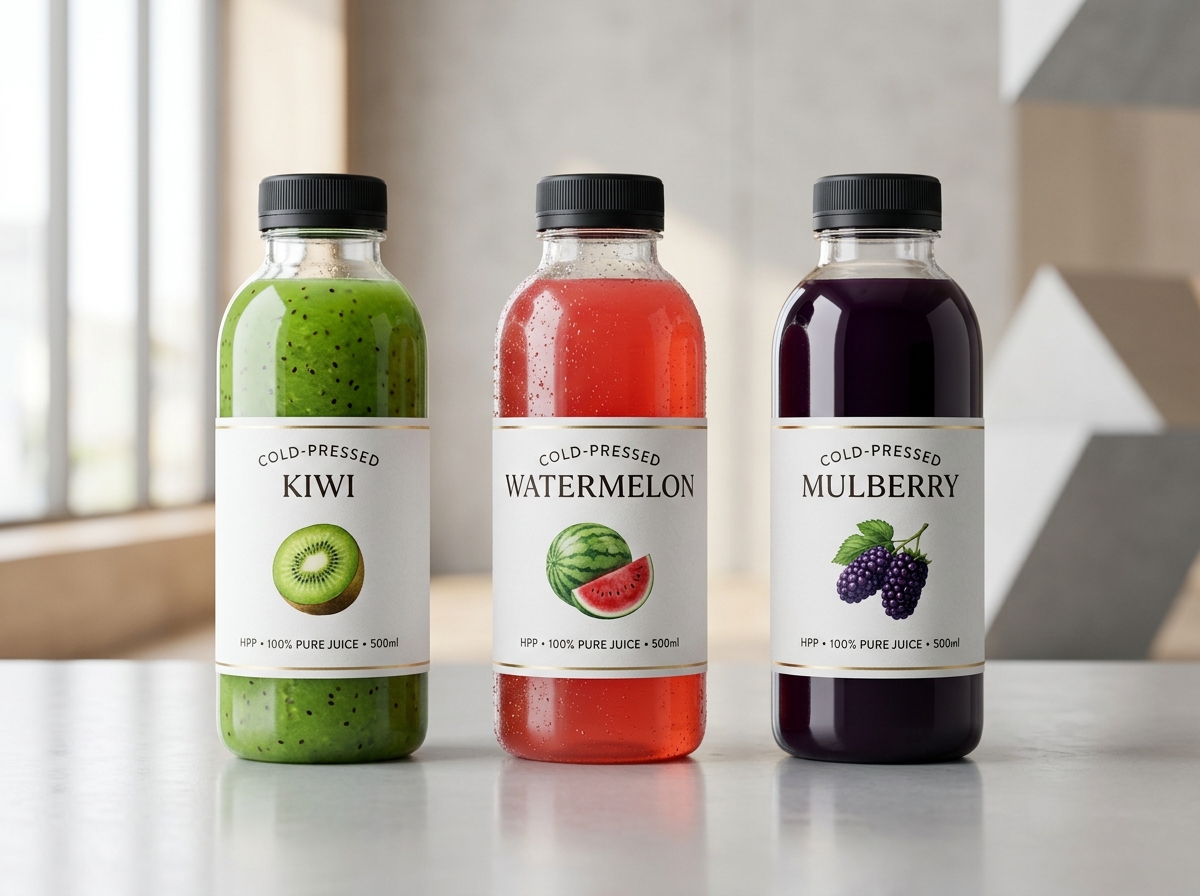 HPP Cold-Pressed Watermelon, Kiwi, and Mulberry Juice